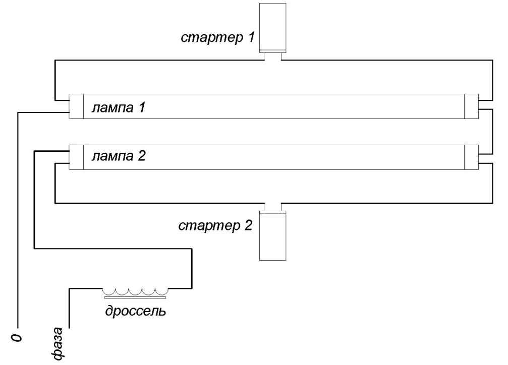 แผนภาพการเดินสายไฟสำหรับสองหลอดจากโช้คเดียว วิธีต่อหลอดฟลูออเรสเซนต์ให้ถูกวิธี
