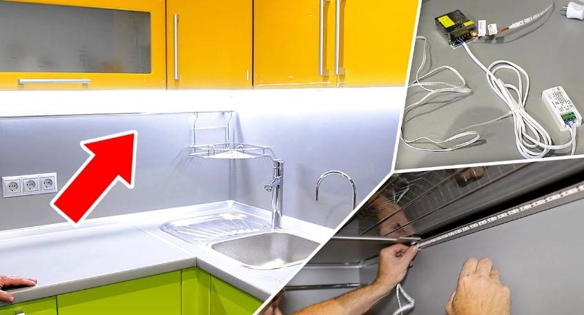 Pemasangan lampu di dapur di bawah kabinet gantung