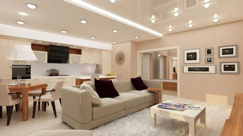 Осветяване на кухня-хол в модерен стил